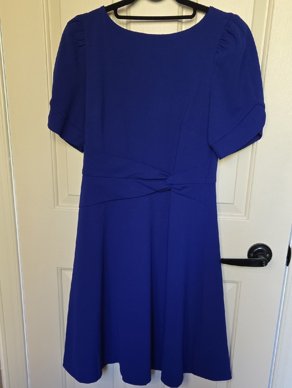 DKNY Royal Blue Fit & Flare Midi Dress – Pleated Puff Sleeve | Size 6